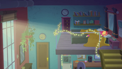 Size: 1920x1080 | Tagged: safe, screencap, sunset shimmer, eqg summertime shorts, equestria girls, g4, monday blues, barefoot, bed, bedroom, clothes, feet, female, loft, pajamas, solo, string lights, sunset's apartment