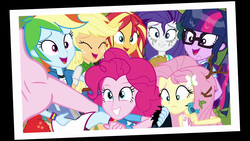 Size: 1920x1080 | Tagged: safe, screencap, applejack, fluttershy, pinkie pie, rainbow dash, rarity, sci-twi, sunset shimmer, twilight sparkle, equestria girls, g4, monday blues, my little pony equestria girls: summertime shorts, faic, feet, female, geode of fauna, group photo, humane five, humane seven, humane six, magical geodes, photo, selfie, toes