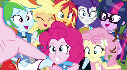Size: 1596x888 | Tagged: safe, screencap, applejack, fluttershy, pinkie pie, rainbow dash, rarity, sci-twi, sunset shimmer, twilight sparkle, equestria girls, g4, monday blues, my little pony equestria girls: summertime shorts, cropped, faic, feet, female, geode of fauna, group photo, humane five, humane seven, humane six, magical geodes, photo, selfie, toes