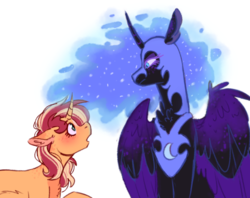 Size: 971x768 | Tagged: safe, artist:wanderingpegasus, nightmare moon, sunset shimmer, alicorn, pony, unicorn, g4, blushing, eye contact, female, helmet, lesbian, looking at each other, lunashimmer, mare, shipping, simple background, sunmoon