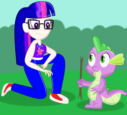 Size: 2072x1879 | Tagged: safe, artist:grapefruitface1, spike, twilight sparkle, equestria girls, g4, clothes, converse, fetch, grass, jeans, looking at each other, pants, park, request, requested art, shoes, stick, trainers