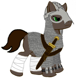 Size: 464x480 | Tagged: safe, artist:darkhestur, edit, oc, pony, armor, chainmail, helmet, leg wraps, sword, weapon