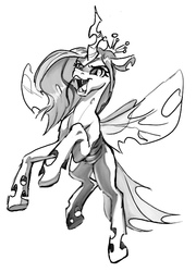 Size: 552x766 | Tagged: safe, artist:nadnerbd, derpibooru exclusive, queen chrysalis, changeling, changeling queen, g4, fangs, female, grayscale, monochrome, simple background, solo, sternocleidomastoid, white background