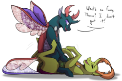 Size: 1800x1200 | Tagged: safe, artist:percy-mcmurphy, pharynx, thorax, changedling, changeling, g4, brotherly love, brothers, changedling brothers, commission, commissioner:navelcolt, cute, dialogue, king thorax, male, misleading thumbnail, pharybetes, prince pharynx, sibling, sibling love, siblings, sitting on person, thorabetes, tickling