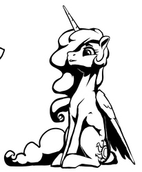 Size: 1074x1301 | Tagged: safe, artist:nadnerbd, derpibooru exclusive, princess celestia, alicorn, pony, g4, black and white, female, folded wings, grayscale, hair over one eye, mare, minimalist, missing accessory, modern art, monochrome, simple background, sitting, slender, sternocleidomastoid, thin, thin legs, white background, wings