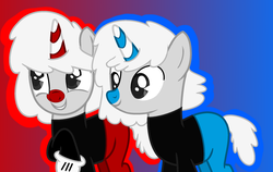 Size: 2272x1436 | Tagged: safe, artist:blazingpegasus55, pony, unicorn, base used, blue nose, clothes, crossover, cuphead, cuphead (character), gloves, hasbro, hasbro studios, long sleeves, mugman, ponified, red nose, shorts, studio mdhr