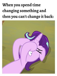 Size: 1080x1428 | Tagged: safe, edit, edited screencap, editor:apex soundwave, screencap, starlight glimmer, pony, unicorn, g4, the parent map, caption, female, frustrated, image macro, lying down, mare, solo, text