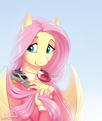 Size: 853x1012 | Tagged: safe, artist:ladychimaera, discord, fluttershy, draconequus, pegasus, anthro, g4, clothes, cute, discute, female, male, mare, micro, ship:discoshy, shipping, shyabetes, sleeping, smiling, straight