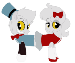Size: 523x446 | Tagged: safe, artist:eggi-myst3ry, artist:selenaede, earth pony, pony, base used, bow, bowtie, clothes, conjoined, conjoined twins, crossover, cuphead, gloves, hair bow, hat, pac-man eyes, pip & dot, ponified, shoes, simple background, studio mdhr, transparent background