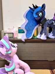 Size: 768x1024 | Tagged: safe, artist:nekokevin, princess luna, starlight glimmer, alicorn, pony, unicorn, series:nekokevin's glimmy, g4, cute, duo, female, glimmerbetes, hoof shoes, irl, looking at each other, mare, open mouth, peytral, photo, plushie, regalia, sitting, smiling