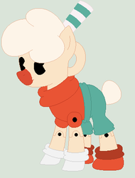 Size: 326x428 | Tagged: safe, artist:eggi-myst3ry, artist:selenaede, earth pony, pony, base used, clothes, crossover, cuphead, gloves, pac-man eyes, ponified, puphead, puppet, shoes, studio mdhr