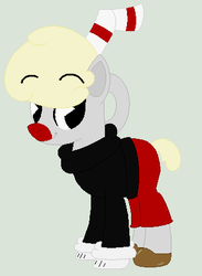 Size: 331x453 | Tagged: safe, artist:eggi-myst3ry, artist:selenaede, earth pony, pony, base used, clothes, crossover, cuphead, cuphead (character), gloves, pac-man eyes, ponified, shirt, shoes, shorts, straw, studio mdhr