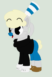 Size: 330x488 | Tagged: safe, artist:eggi-myst3ry, artist:selenaede, earth pony, pony, base used, clothes, crossover, cuphead, gloves, mugman, pac-man eyes, ponified, shoes, straw, studio mdhr