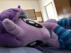 Size: 2048x1536 | Tagged: safe, artist:nekokevin, starlight glimmer, pony, unicorn, series:nekokevin's glimmy, g4, bed, clothes, female, irl, lying down, mare, photo, pillow, plushie, socks, solo, striped socks