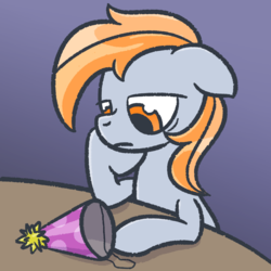 Size: 1280x1280 | Tagged: safe, artist:phat_guy, derpibooru exclusive, oc, oc only, oc:darkest hour, earth pony, pony, female, hat, hoof on cheek, mare, party hat, sad, solo, table, vent art