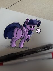 Size: 1932x2576 | Tagged: safe, artist:post-it, color edit, edit, twilight sparkle, alicorn, pony, g4, butt, colored, digital art, featureless crotch, female, looking at you, looking back, mare, misleading thumbnail, pen, plot, raised hoof, smiling, solo, twilight sparkle (alicorn)