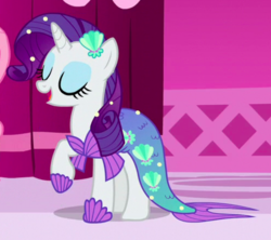 Size: 560x498 | Tagged: safe, screencap, rarity, pony, unicorn, g4, scare master, clothes, costume, cropped, dress, eyes closed, female, mare, mermarity, nightmare night costume, outfit catalog, raised hoof, rarity's mermaid dress, solo