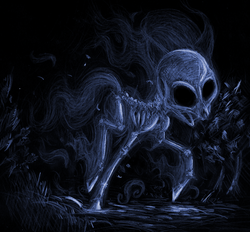 Size: 1283x1192 | Tagged: safe, artist:t72b, derpibooru exclusive, ghost, ghost pony, pony, skeleton pony, bone, dark, generic pony, glowing, monochrome, night, running, skeleton, smoke, solo, spooky, traditional art