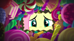 Size: 1440x810 | Tagged: safe, screencap, fluttershy, g4, scare master, candy, food, lollipop, looking down, peppermint