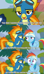 Size: 1600x2700 | Tagged: safe, edit, edited screencap, editor:scrounge, screencap, high winds, rainbow dash, spitfire, pegasus, pony, g4, newbie dash, caption, clothes, comic, dark comedy, disproportionate retribution, female, image macro, implied bright mac, implied murder, implied pear butter, mare, screencap comic, spitfire's nickname, surprised, text, uniform, we are going to hell, why, wide eyes, wonderbolts uniform
