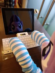 Size: 900x1200 | Tagged: safe, artist:nekokevin, photographer:maikeemaous, starlight glimmer, pony, unicorn, project seaponycon, series:nekokevin's glimmy, g4, clothes, female, irl, keyboard, mare, photo, plushie, singapore, socks, striped socks, tablet, typing