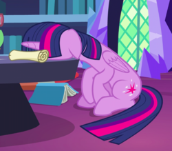 Size: 637x557 | Tagged: safe, screencap, twilight sparkle, alicorn, pony, g4, shadow play, book, castle, face, facedesk, female, scroll, solo, twilight sparkle (alicorn)