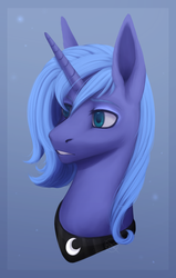 Size: 775x1217 | Tagged: safe, artist:benz-the-killer, princess luna, pony, g4, abstract background, bust, female, mare, missing accessory, peytral, s1 luna, solo