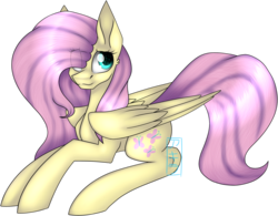 Size: 3860x3018 | Tagged: safe, artist:akirachan047, artist:koro-megasaki-andro4, fluttershy, pegasus, pony, g4, cutie mark, eye clipping through hair, female, hair over one eye, high res, mare, prone, simple background, solo, transparent background