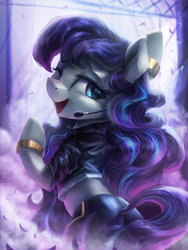 Size: 3000x4000 | Tagged: safe, artist:vanillaghosties, coloratura, earth pony, pony, beautiful, bipedal, bracelet, butt, clothes, concept art, crossover, cute, featured image, female, high res, jacket, jewelry, k/da, kai'sa, league of legends, looking at you, looking back, looking back at you, mare, midriff, open mouth, pants, plot, ponified, rarabetes, shirt, solo