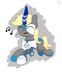 Size: 3265x3850 | Tagged: dead source, safe, artist:php142, oc, oc only, oc:maplewood, cyborg, kirin, amputee, commission, cute, eyes closed, high res, kirin-ified, male, music notes, open mouth, prosthetic leg, prosthetic limb, prosthetics, simple background, singing, solo, species swap, white background