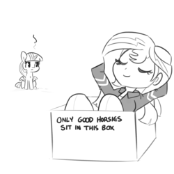 Size: 1280x1280 | Tagged: safe, artist:tjpones, sunset shimmer, twilight sparkle, alicorn, pony, equestria girls, g4, annoyed, box, cardboard box, cute, duo, eyes closed, female, frown, glare, grayscale, grumpy, horsey, jealous, leaning, mare, monochrome, simple background, sitting, smiling, smug, spread wings, twilight sparkle (alicorn), twilight sparkle is not amused, unamused, white background, wings