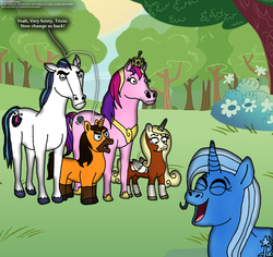 Size: 3400x3208 | Tagged: safe, artist:rdj1995, princess cadance, shining armor, trixie, g4, marks for effort, coat swap, dreamworks, female, high res, hoers, male, rain (character), rain (spirit: stallion of the cimarron), ship:shiningcadance, shipping, spirit (character), spirit (spirit: stallion of the cimarron), spirit: stallion of the cimarron, straight, unamused, wat, why