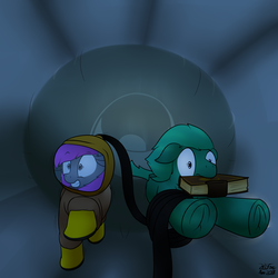 Size: 2094x2094 | Tagged: safe, artist:the-furry-railfan, oc, oc only, oc:crash dive, oc:depth charge, merpony, pegasus, pony, book, boulder, diving suit, hallway, high res, hose, indiana jones, indoors, library, panic, ruins, running, story included, underwater