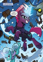 Size: 702x1011 | Tagged: safe, artist:tony fleecs, idw, official comic, glitter drops, tempest shadow, pony, timber wolf, unicorn, g4, nightmare knights, spoiler:comic, spoiler:comicnightmareknights02, armor, clothes, duo, eye scar, female, horn, kicking, mare, scar, scarf, sparking horn, speech bubble