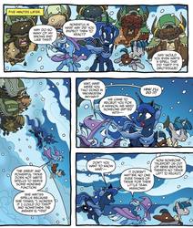 Size: 751x886 | Tagged: safe, artist:tony fleecs, idw, official comic, princess luna, stygian, trixie, alicorn, pony, unicorn, yak, g4, nightmare knights, spoiler:comic, spoiler:comicnightmareknights02, cape, clothes, comic, earmuffs, ethereal mane, female, hat, male, mare, nose piercing, nose ring, piercing, scarf, snow, speech bubble, stallion, starry mane, unnamed character, unnamed yak, wizard hat