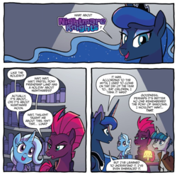 Size: 744x734 | Tagged: safe, artist:tonyfleecs, idw, official comic, princess luna, stygian, tempest shadow, trixie, alicorn, pony, unicorn, g4, nightmare knights, spoiler:comic, spoiler:comicnightmareknights02, broken horn, comic, ethereal mane, female, horn, male, mare, speech bubble, stallion, starry mane, title drop