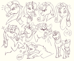 Size: 1280x1067 | Tagged: safe, artist:yowza-buckaroo, rarity, pony, unicorn, g4, curved horn, expressions, female, heart, horn, mare, sketch, sketch dump, solo