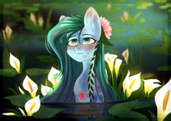 Size: 3508x2480 | Tagged: safe, artist:shiro-roo, oc, oc only, pony, blushing, female, flower, flower in hair, high res, mare, solo, waterlily, wet, ych result