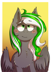 Size: 2150x3035 | Tagged: safe, artist:shiro-roo, oc, oc only, pegasus, pony, blushing, bust, chest fluff, female, high res, lidded eyes, mare, portrait, solo