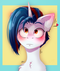 Size: 2332x2743 | Tagged: safe, artist:shiro-roo, oc, oc only, oc:aqua jewel, pony, unicorn, blushing, bust, chest fluff, female, floating heart, heart, high res, mare, portrait, solo