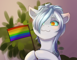 Size: 3208x2480 | Tagged: safe, artist:shiro-roo, oc, oc only, pony, :3, bust, flag, gay pride, gay pride flag, hair over one eye, high res, hoof hold, lgbt, portrait, pride, smiling, solo