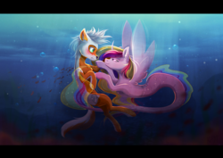 Size: 3200x2262 | Tagged: safe, artist:shiro-roo, princess cadance, oc, alicorn, earth pony, fish, merpony, pony, seapony (g4), g4, bedroom eyes, blushing, bubble, clothes, coral, crepuscular rays, curved horn, digital art, duo, ear fluff, female, fin wings, fins, fish tail, flowing mane, flowing tail, high res, horn, lidded eyes, looking at each other, mare, multicolored mane, multicolored tail, ocean, pink eyes, scales, seaponified, seapony cadance, seaweed, see-through, species swap, spread wings, sunlight, surprised, swimming, tail, underwater, water, wings, ych result