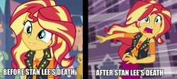 Size: 960x429 | Tagged: safe, edit, edited screencap, screencap, sunset shimmer, equestria girls, equestria girls series, forgotten friendship, g4, rollercoaster of friendship, before and after, caption, geode of empathy, image macro, magical geodes, marvel, op is a duck, stan lee, tasteless, text