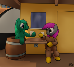 Size: 1891x1710 | Tagged: safe, artist:the-furry-railfan, oc, oc only, oc:crash dive, oc:depth charge, merpony, pegasus, pony, barrel, boat, diving suit, food, mug, paddle tug, ship, sitting, story included, table, tea, tugboat
