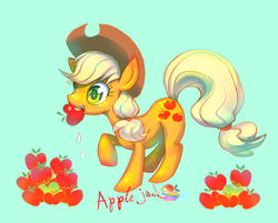 Size: 761x613 | Tagged: safe, artist:mozuright, applejack, earth pony, pony, g4, apple, female, food, mare, simple background, solo