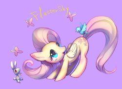 Size: 751x552 | Tagged: safe, artist:mozuright, angel bunny, fluttershy, bird, pegasus, pony, g4, cute, female, mare, shyabetes, simple background, solo