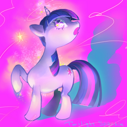 Size: 800x800 | Tagged: safe, artist:mozuright, twilight sparkle, pony, unicorn, g4, female, mare, purple background, raised hoof, simple background, solo, unicorn twilight