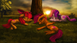 Size: 3840x2160 | Tagged: safe, artist:robin jacks, apple bloom, scootaloo, sweetie belle, earth pony, pegasus, pony, unicorn, g4, cmc day, cutie mark crusaders, duo, eyes closed, female, filly, grass field, high res, sleeping, sunset, tree, trio, underhoof