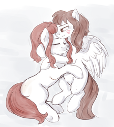 Size: 1689x1884 | Tagged: safe, artist:haruhi-il, pony, brigitte, d.va, duo, eyes closed, female, hug, lesbian, mare, mekanic, non-mlp shipping, overwatch, ponified, shipping, sketch, whisker markings
