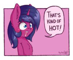 Size: 1126x928 | Tagged: safe, artist:dsp2003, oc, oc only, oc:fizzy pop, pony, unicorn, blushing, bust, chest fluff, comic, female, mare, open mouth, parody, ponified meme, portrait, signature, simple background, single panel, speech bubble, that's kind of hot, transparent background